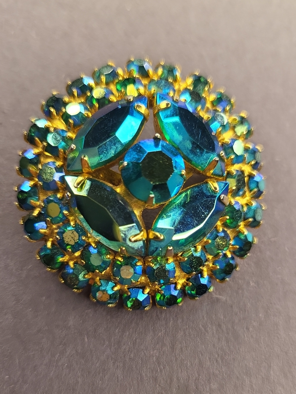 Teal Crystal Round Brooch